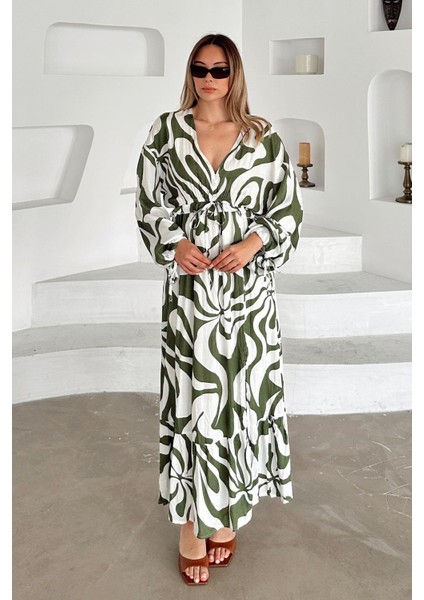 V Yaka Yırtmaç Detaylı Desenli Elbise Haki 9350-E indirimleri