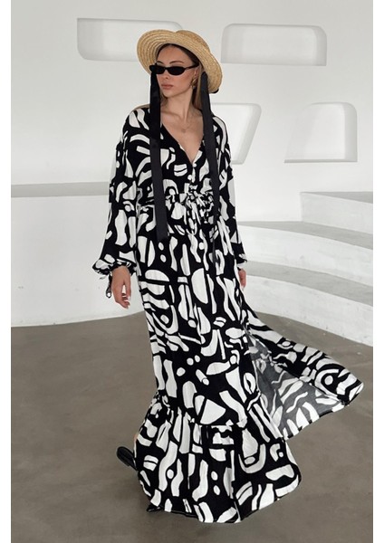 V Yaka Yırtmaç Detaylı Desenli Elbise Siyah 9350-E