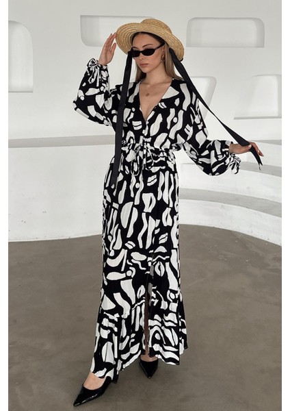 V Yaka Yırtmaç Detaylı Desenli Elbise Siyah 9350-E fiyatları