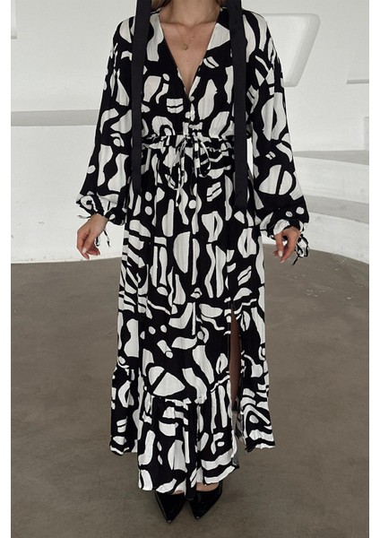 V Yaka Yırtmaç Detaylı Desenli Elbise Siyah 9350-E modelleri