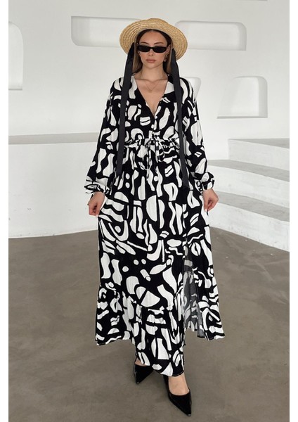 V Yaka Yırtmaç Detaylı Desenli Elbise Siyah 9350-E fırsatları