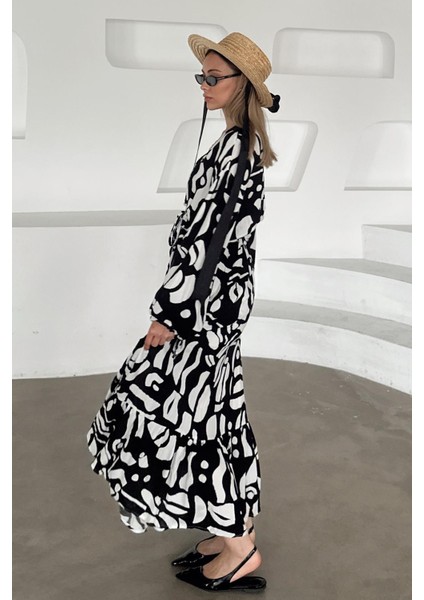 V Yaka Yırtmaç Detaylı Desenli Elbise Siyah 9350-E indirimleri