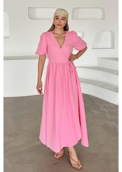 V Yaka Belden Bağlamalı Müslin Elbise Pembe 9354-E