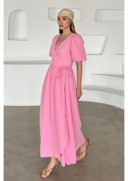 V Yaka Belden Bağlamalı Müslin Elbise Pembe 9354-E fiyatları
