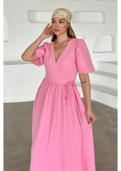 V Yaka Belden Bağlamalı Müslin Elbise Pembe 9354-E modelleri