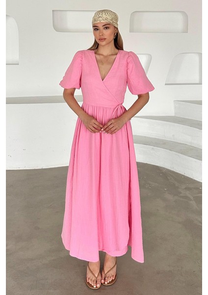 V Yaka Belden Bağlamalı Müslin Elbise Pembe 9354-E fırsatları
