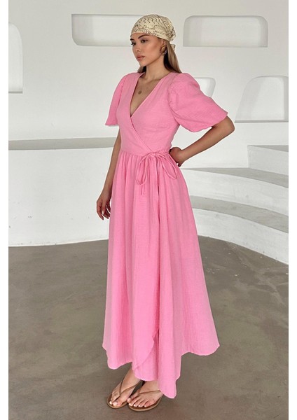 V Yaka Belden Bağlamalı Müslin Elbise Pembe 9354-E indirimleri