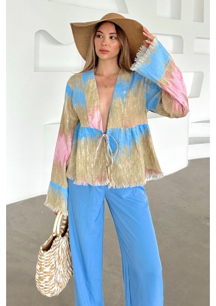 Batik Desen Püskül Detaylı Bağcık Kapamalı Gömlek Pembe 9358