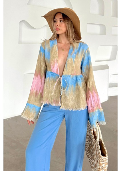 Batik Desen Püskül Detaylı Bağcık Kapamalı Gömlek Pembe 9358 modelleri