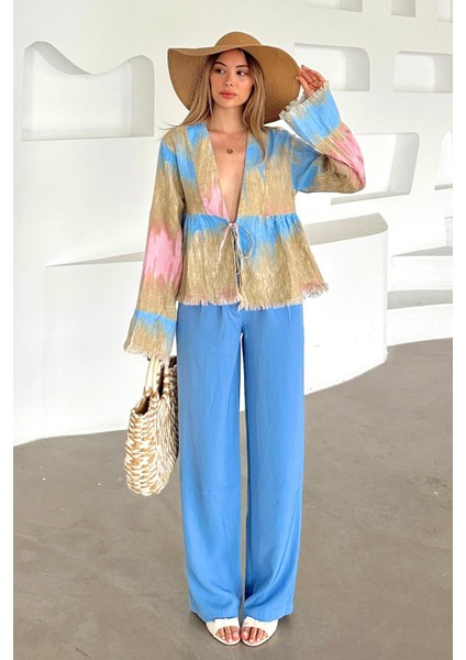 Batik Desen Püskül Detaylı Bağcık Kapamalı Gömlek Pembe 9358 fırsatları