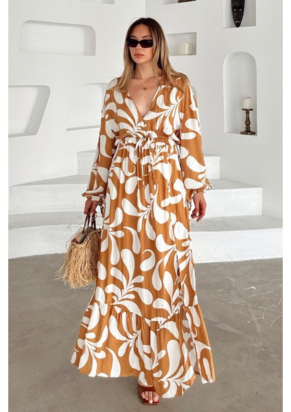 V Yaka Yırtmaç Detaylı Desenli Elbise Kamel 9350-E