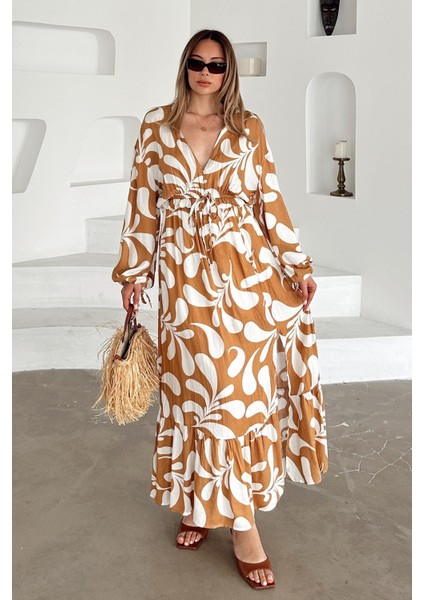 V Yaka Yırtmaç Detaylı Desenli Elbise Kamel 9350-E fiyatları