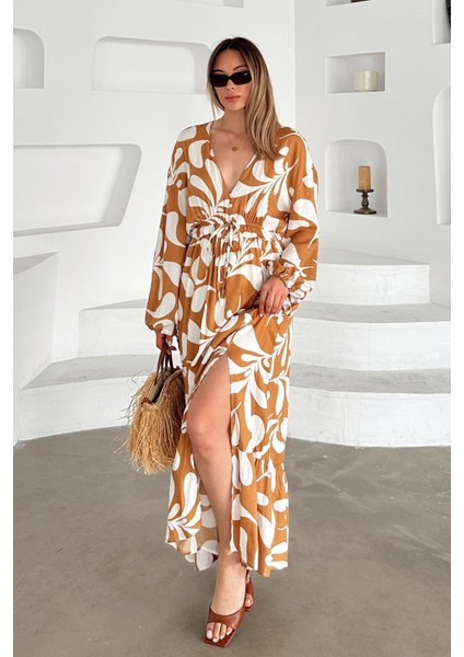 V Yaka Yırtmaç Detaylı Desenli Elbise Kamel 9350-E modelleri