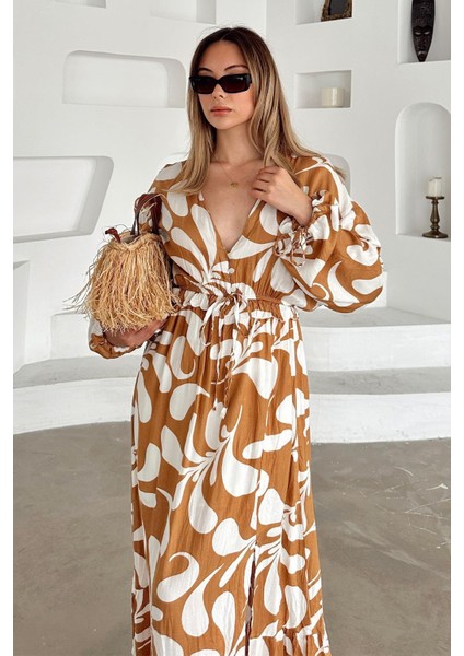 V Yaka Yırtmaç Detaylı Desenli Elbise Kamel 9350-E fırsatları
