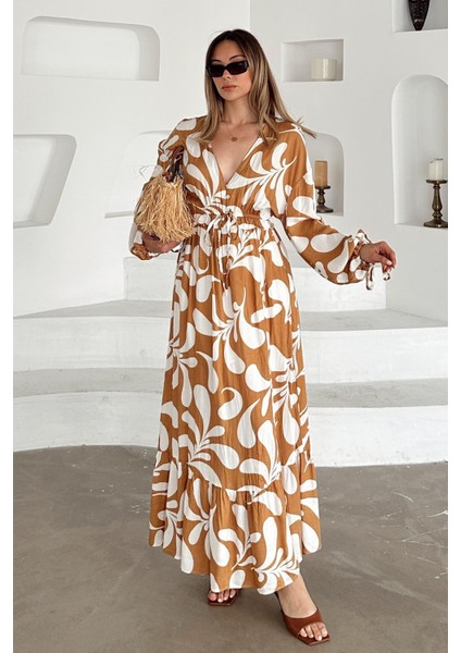 V Yaka Yırtmaç Detaylı Desenli Elbise Kamel 9350-E indirimleri