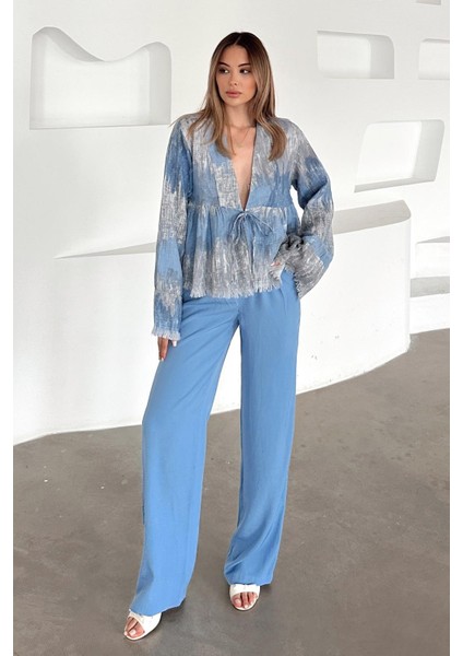 Batik Desen Püskül Detaylı Bağcık Kapamalı Gömlek Mavi 9358 fiyatları