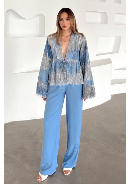 Batik Desen Püskül Detaylı Bağcık Kapamalı Gömlek Mavi 9358 modelleri