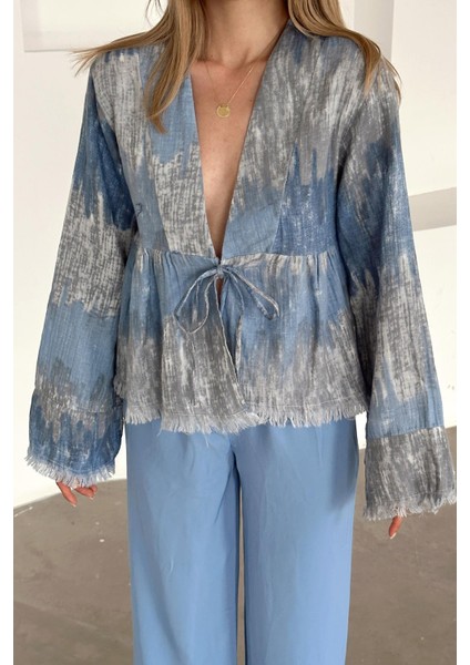 Batik Desen Püskül Detaylı Bağcık Kapamalı Gömlek Mavi 9358 indirimleri