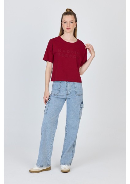 Bordo Yazı Nakışlı Crop Tişört 25259 fiyatları