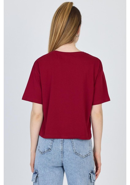 Bordo Yazı Nakışlı Crop Tişört 25259 indirimleri