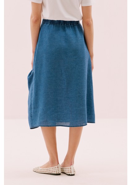 Tek Cep Detaylı Beli Lastikli Keten Midi Boy Etek Indigo Y2515025_043 modelleri