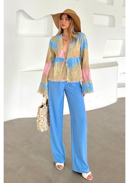 Arkası Lastikli Pileli Palazzo Pantolon Mavi 7584