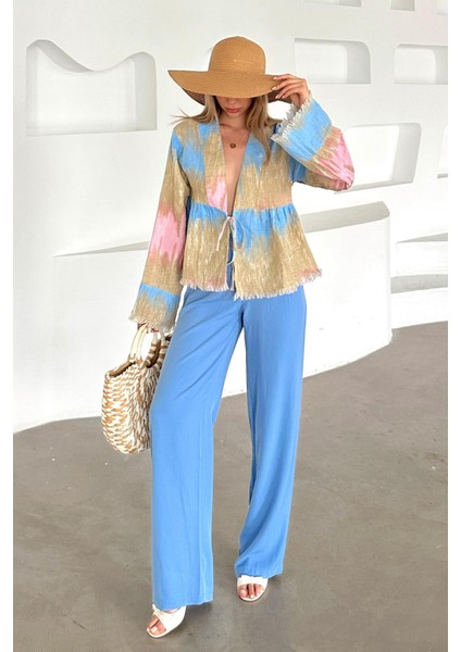 Arkası Lastikli Pileli Palazzo Pantolon Mavi 7584 fiyatları