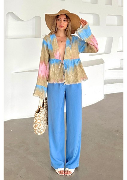 Arkası Lastikli Pileli Palazzo Pantolon Mavi 7584 modelleri