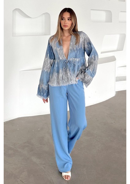 Arkası Lastikli Pileli Palazzo Pantolon Mavi 7584 fırsatları