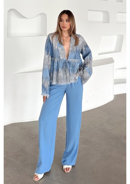 Arkası Lastikli Pileli Palazzo Pantolon Mavi 7584 indirimleri
