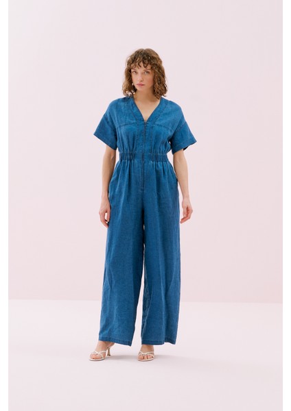 Önü Fermuarlı Geniş Paça Keten Tulum Indigo Y2512405_043 fırsatları