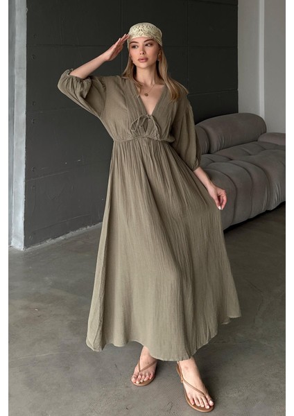 Beli Lastikli Bağcık Detaylı Yarım Kol Müslin Elbise Haki 9331-E