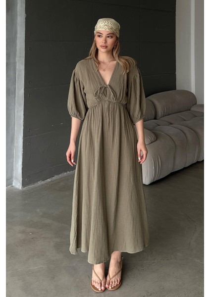 Beli Lastikli Bağcık Detaylı Yarım Kol Müslin Elbise Haki 9331-E fiyatları