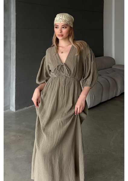 Beli Lastikli Bağcık Detaylı Yarım Kol Müslin Elbise Haki 9331-E modelleri