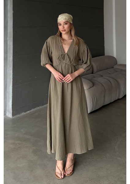 Beli Lastikli Bağcık Detaylı Yarım Kol Müslin Elbise Haki 9331-E fırsatları