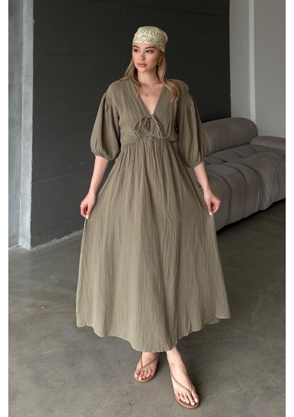 Beli Lastikli Bağcık Detaylı Yarım Kol Müslin Elbise Haki 9331-E indirimleri
