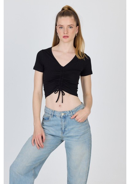 Siyah V Yaka Büzgülü Crop Tişört 9201M
