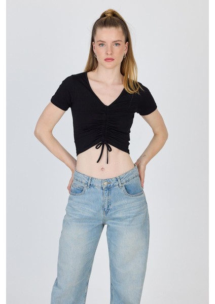Siyah V Yaka Büzgülü Crop Tişört 9201M modelleri
