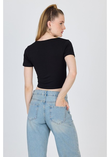 Siyah V Yaka Büzgülü Crop Tişört 9201M indirimleri