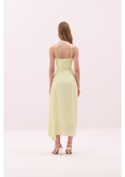 Halter Yaka Beli Kuşaklı Midi Boy Saten Elbise Sarı Y2511332_009
