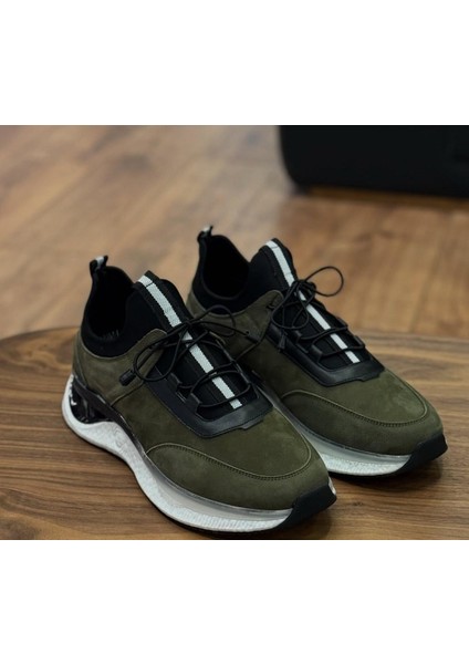 1096 Haki Nubuk - Beyaz Taban Hakiki Deri Erkek Sneakers - Erkek Sapor Ayakkabı