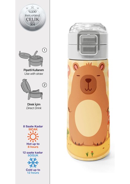 Kids Capybara Desenli Pipetli ve Direkt Içim Çelik Termos 500 ml 31793