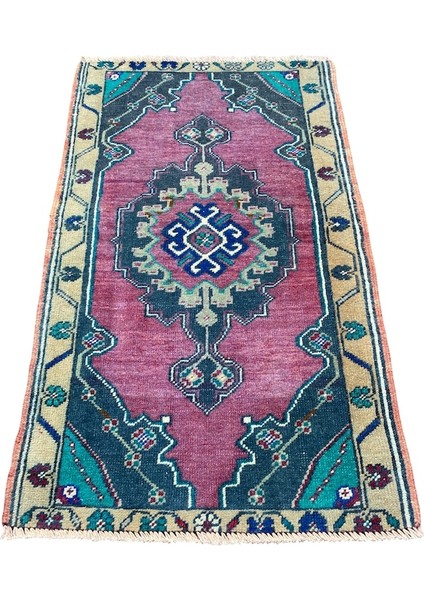 El Dokuma Vintage Küçük Halı 50X84 Mor Eskitme Yastık
