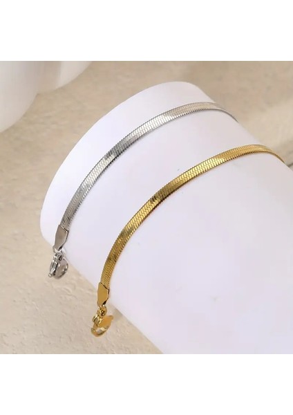 Çelik Takı Seti Bileklik Italyan Ezme Model Ikili 0.4 mm Genişlik 17 cm Uzunluk Ek 5 cm Gold Gümüş