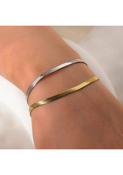 Çelik Takı Seti Bileklik Italyan Ezme Model Ikili 0.4 mm Genişlik 17 cm Uzunluk Ek 5 cm Gold Gümüş modelleri