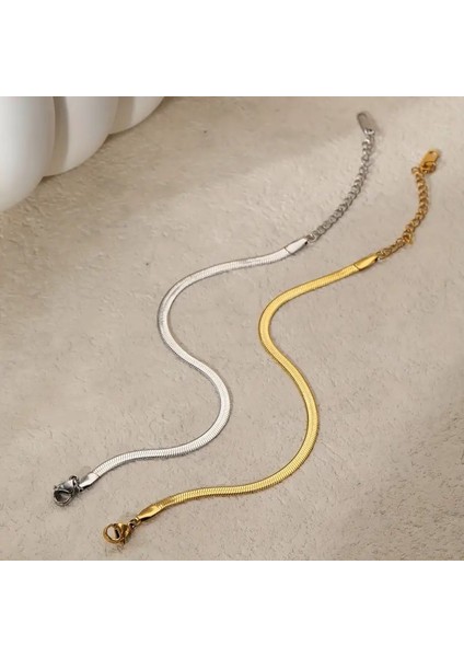 Çelik Takı Seti Bileklik Italyan Ezme Model Ikili 0.4 mm Genişlik 17 cm Uzunluk Ek 5 cm Gold Gümüş fırsatları