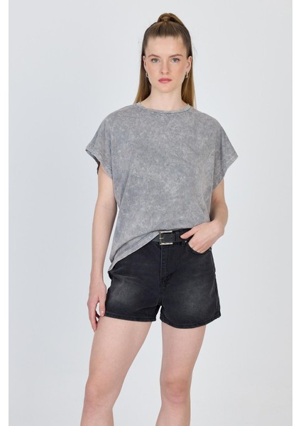 Gri Yıkamalı Oversize Basic Tişört 253014