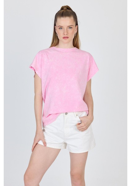Şeker Pembe Yıkamalı Oversize Basic Tişört 253014