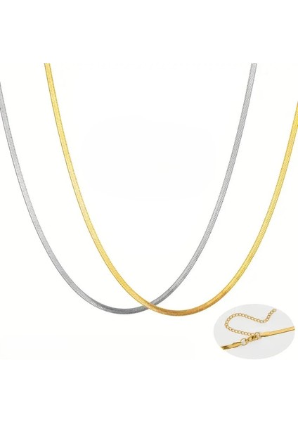 Çelik Takı Seti Kolye Italyan Ezme Model Ikili 0.3 mm Genişlik 45 cm Uzunluk 5 cm Ek Gold Gümüş
