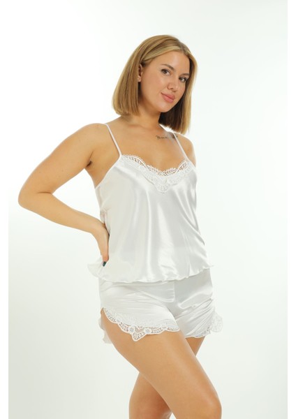 Zariften Beyaz Saten Babydoll Şortlu Takım - 257 modelleri